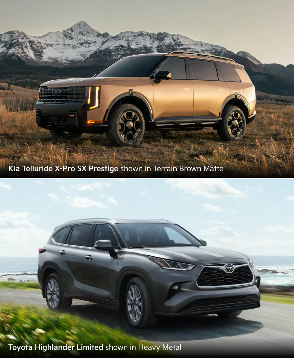 Kia Telluride X-Pro SX Prestige shown in Terrain Brown Matte, Toyota Highlander Limited shown in Heavy Metal