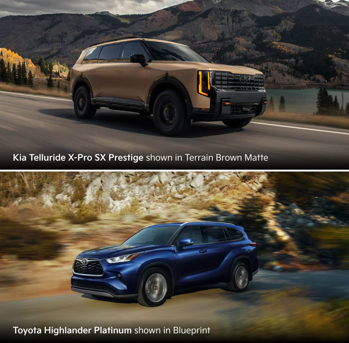 Kia Telluride X-Pro SX Prestige shown in Terrain Brown Matte, Toyota Highlander Platinum shown in Blueprint