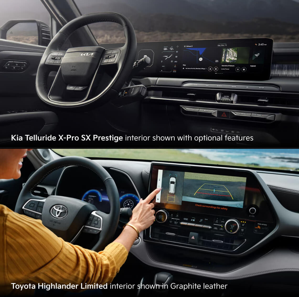 Kia Telluride X-Pro SX Prestige interior shown with optional features, Toyota Highlander Limited interior shown in Graphite leather