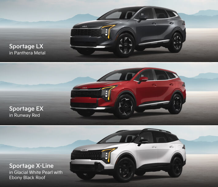 Three 2026 Kia Sportage trims comparison: LX in Panthera Metal, EX in Runway Red, and X-Line in Glacial White Pearl with black roof.