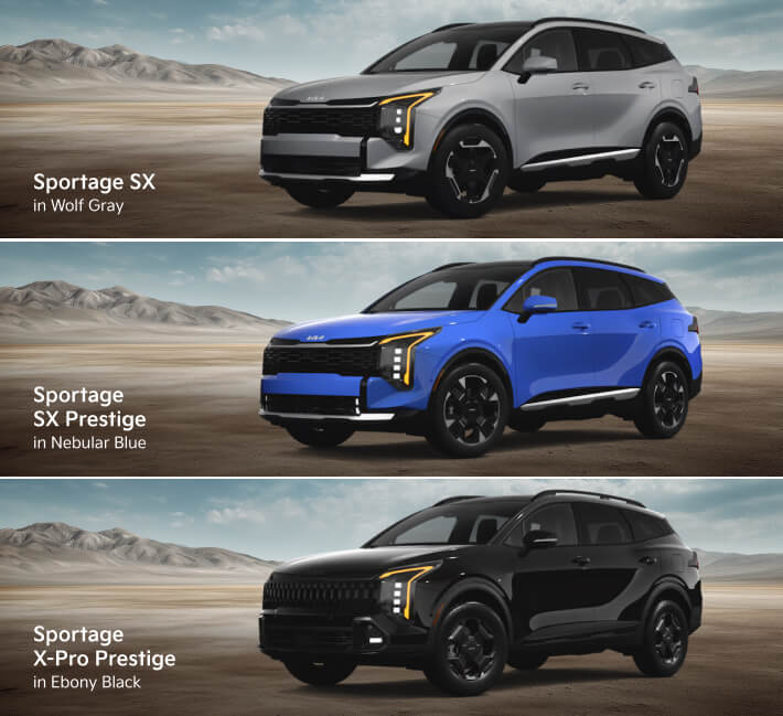 Three 2026 Kia Sportage trims comparison: SX in Wolf Gray, SX Prestige in Nebular Blue, and X-Pro Prestige in Ebony Black.
