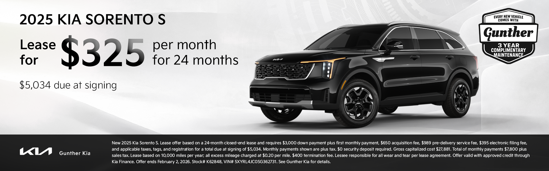 2025 Kia Sorento S - Lease Specials - Jan 2026