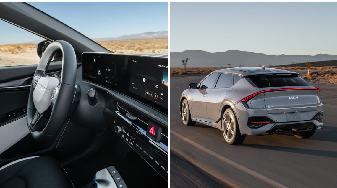 Split image showing the Kia EV6 interior with a digital dashboard and steering wheel on the left, and a rear three-quarter view of the silver Kia EV6 driving on an open road on the right.