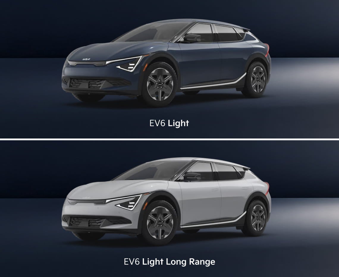 Split image showing the blue Kia EV6 Light and white Kia EV6 Light Long Range in front three-quarter views against a dark studio background.