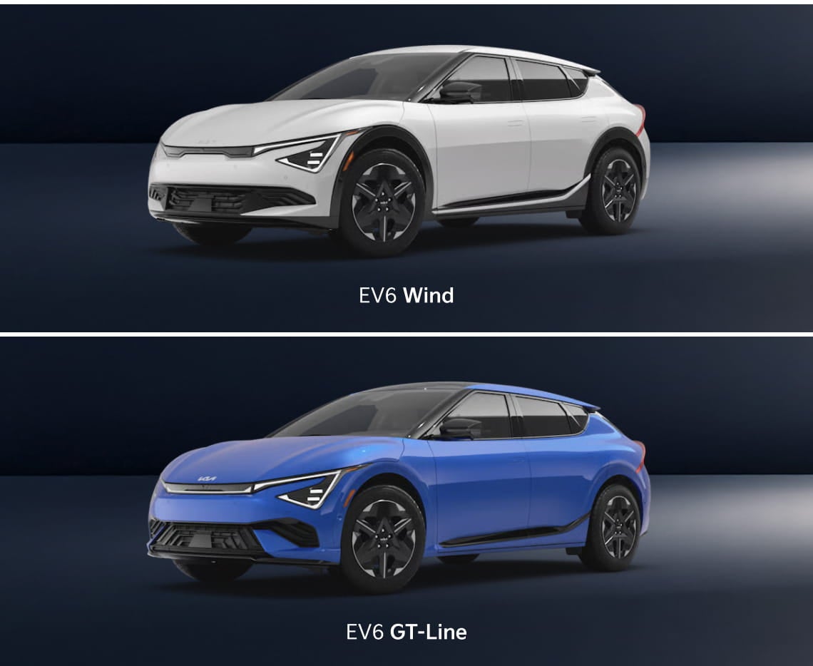 Split image showing the white Kia EV6 Wind and blue Kia EV6 GT-Line in front three-quarter views against a dark studio background.