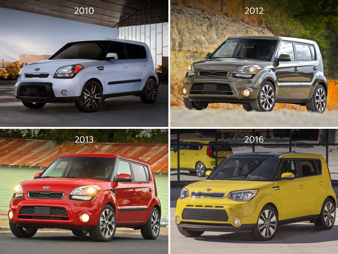 Kia Soul models from 2010, 2012, 2013, and 2016 shown in different colors and outdoor settings.