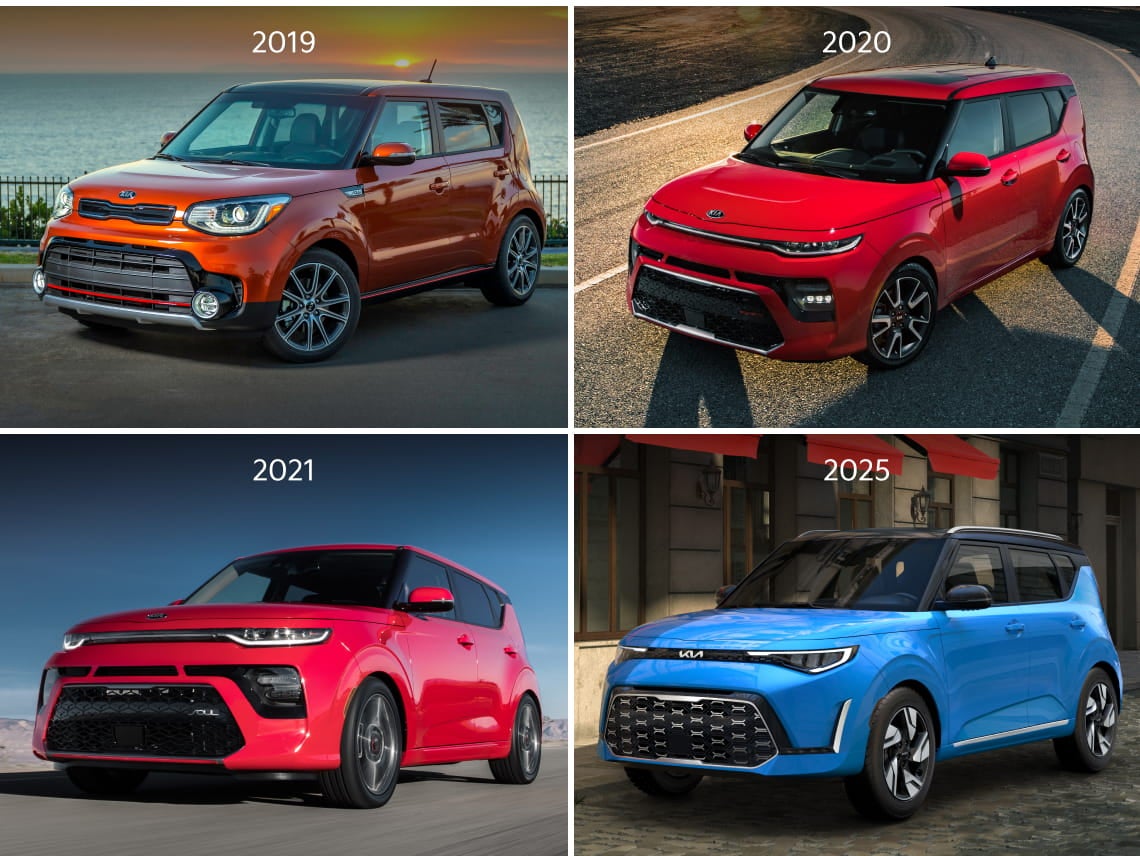 Kia Soul models from 2019, 2020, 2021, and 2025 shown in orange, red, and blue exterior colors.
